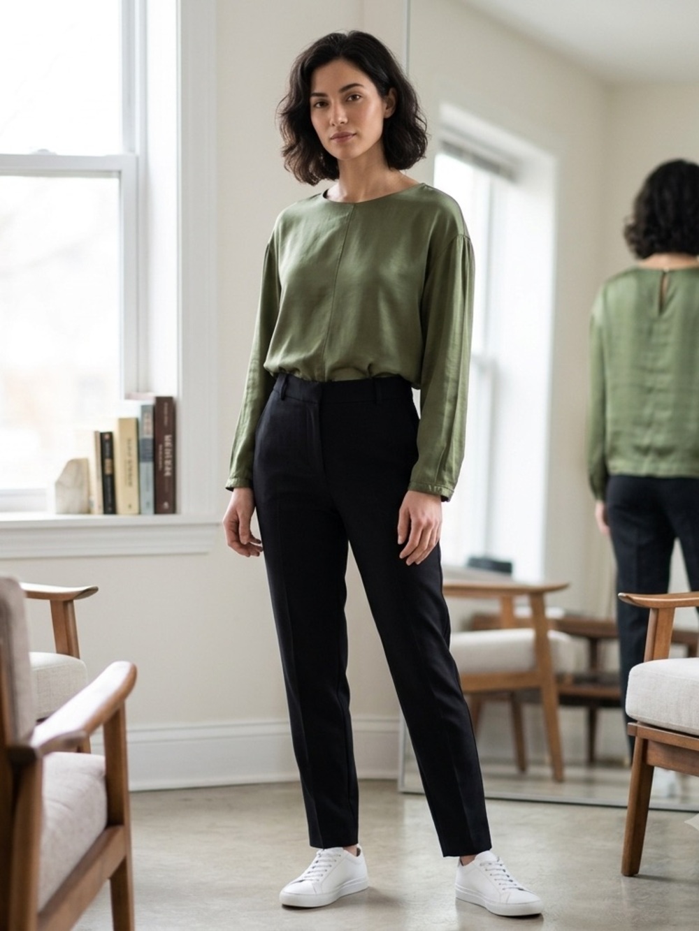 Zara Olive Green 100% Viscose Long Sleeve Blouse Size M
